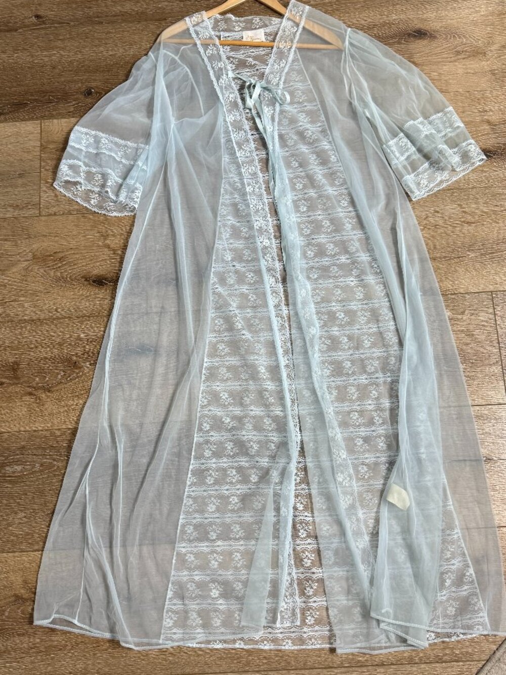 ILise Steven’s Light Blue Vintage Robe Sheer Chiffon Lace. Dressing Gown Retro